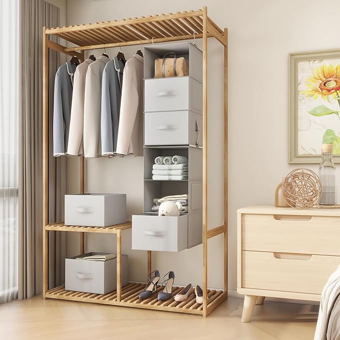 Twira 6-Shelf Hanging Closet Organizer, 2 Separable 3-Shelf Hanging Shelves, Hanging Storage with 3 Removanle Drawers 4 Side Pockets for Wardrobe, Nursery, Drom, Baby Clothes Organization Light Grey