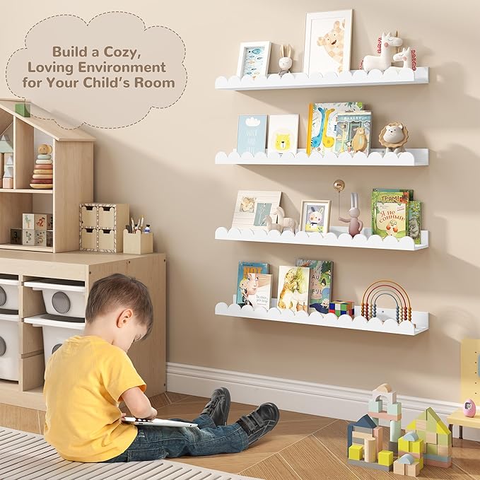 Fun Memories 28 Inch Scalloped Floating Shelf, White Picture Ledge for Wall, Set of 4, Nursery Book Shelves for Baby Room, Kids Rooms, Bedroom