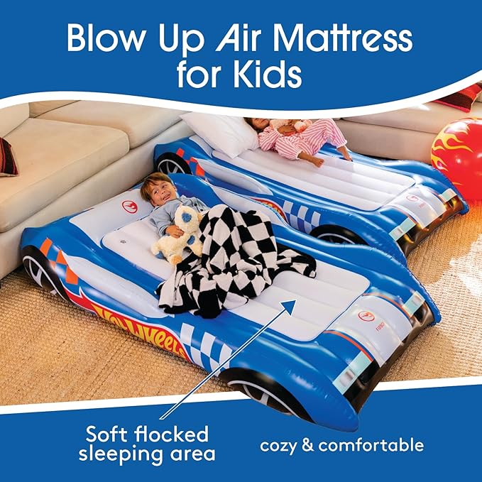 Hot Wheels & FUNBOY Kids Sleepover Bed & Air Mattress. Perfect for Sleepovers. Includes Carrying Storage Bag, Twin