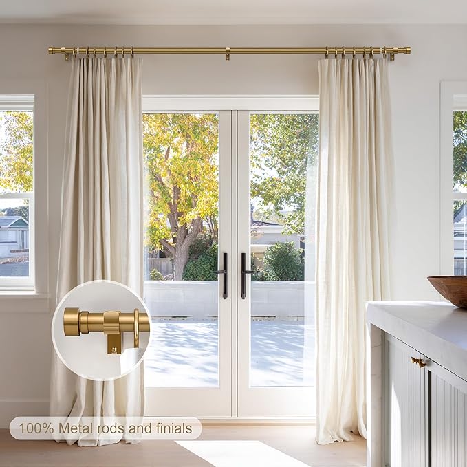 Brass Curtain Rods for Windows 28 to 48 Adjustable Modern Gold Curtain Rod 1 inch Diameter Heavy Duty with Solid Metal Finials for Living Room Bedroom Farmhouse Outdoor Patio
