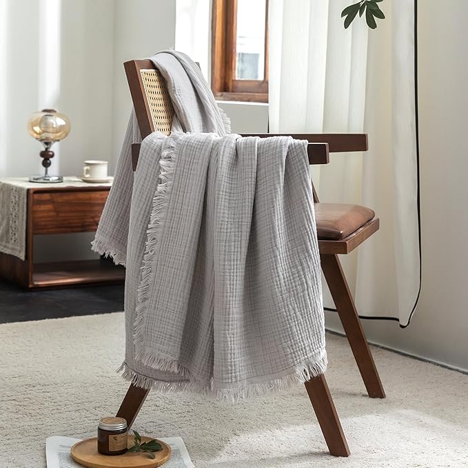 FOSSA Muslin Blanket with Fringe - 4-Layer 100% Cotton Gauze Super Soft & Breathable Throw -Lightweight Decorative Cooling Blanket for Bed, Sofa, Office (Grayish, Queen (90" × 90"))