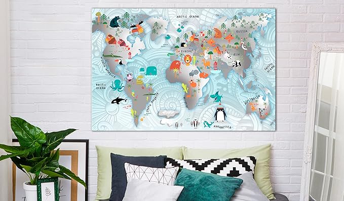 artgeist Textured Canvas Wall Art World Map for Children 24x16 in - 1pcs Painting Canvas Prints Picture Artwork Image Framed Contemporary Wall Home Animals Kids Blue Kindergarten k-C-0136-b-a