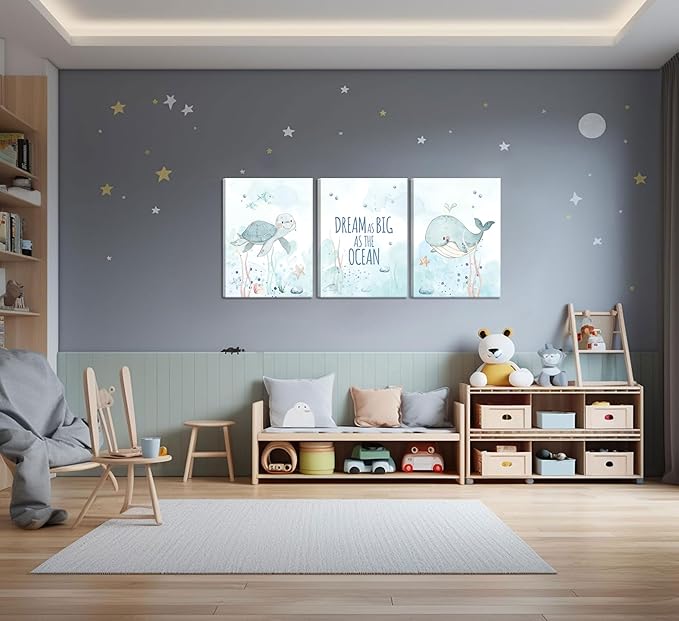 Ocean Nursery Canvas Wall Art Sea Turtle Whale Animal Painting Picture Wall Decor Sea Kids Room Poster Print Artwork for Baby Boys Girl Children's Room Bedroom Home Decoration