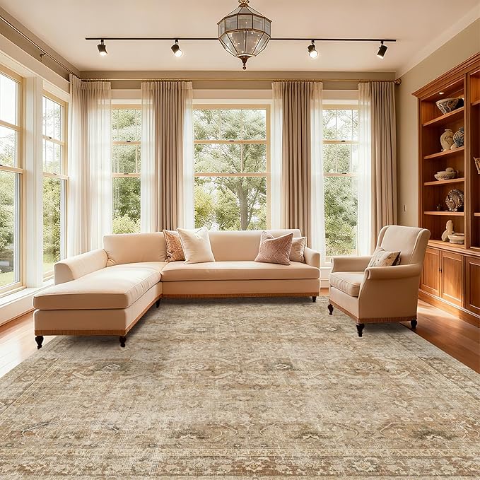 Washable 8x10 Area Rugs for Living Room, Boho Non-Slip Vintage Distress Large Rugs for Bedroom Dining Room Nursery Office, 0.3" Neutral Oriental Throw Thin Carpet, Brown/White/Multi