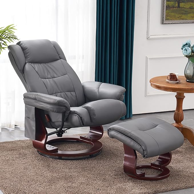 MCombo Swivel Recliner with Ottoman, Faux Leather TV Chair with Vibration Massage, Ideal for Small Space, Living Room & Bedroom 4734 (Grey)