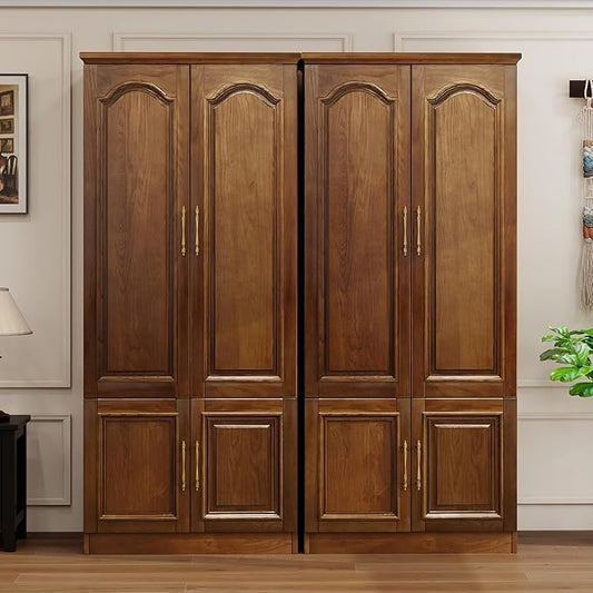 Solid Wood Wardrobe Closet:TemkTuek 70.87" Armoire,Clothing Storage Cabinet with 4 Doors,Shelves and Hanging Rails,Vintage Freestanding,Bedroom,Wood Grain Color(22-22)