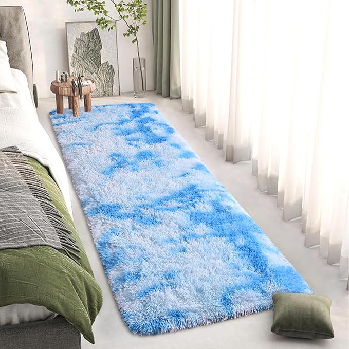 DweIke Fluffy Blue Runner Rugs for Bedroom, 2x6 Feet Soft Plush Long Light SkyBlue Runners for Girls Boys Kids, Non-Slip and Machine Washable Bedside Rug, Small Throw Carpet for Hallway Rooms Decor