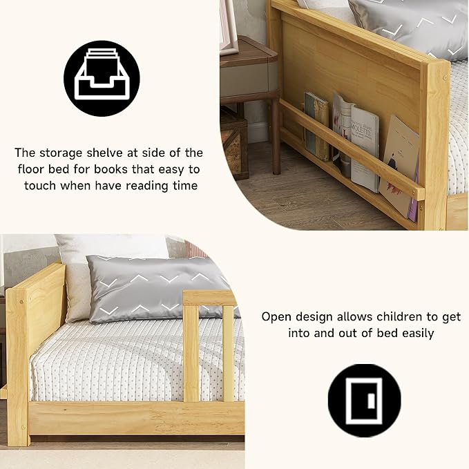Twin Toddler Floor Bed with High Rails, Wooden Montessori Bed Frame with Built-in Book Rack, Twin Size Bed Frame for Kids, Boys and Girls, Natural