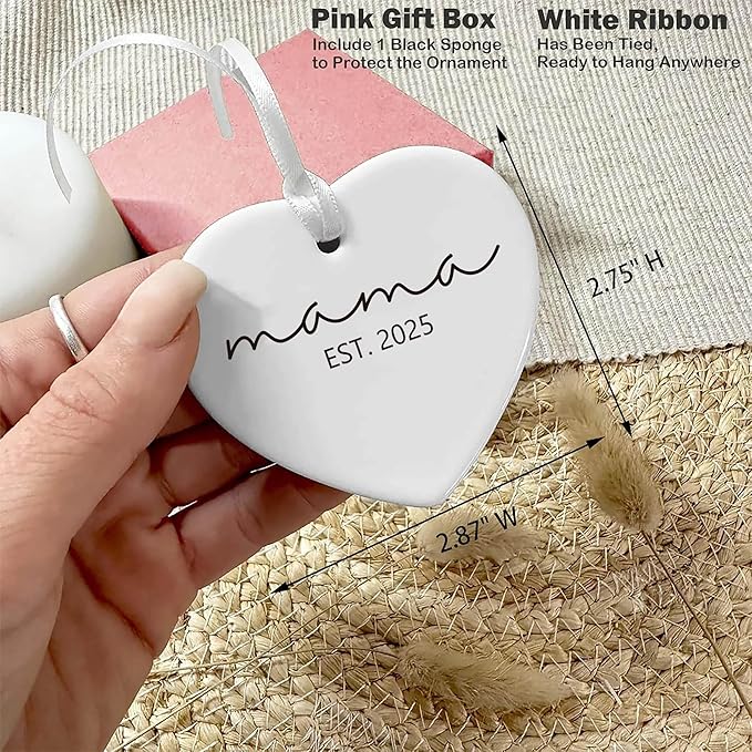 2025 New Mama The First Kid-First Time Mom,Mother to Be-Gift for New Mother-Newborn New Baby Announcement Present-Hanging Heart Shaped Ornament-Double Sided Printed
