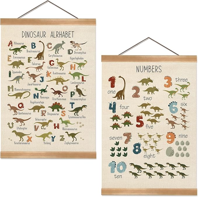ZTGDA Dinosaur Alphabet Numbers Poster Set of 2,Alphabet Numbers Wall Art, ABC &123 Banner Poster, Dinosaurs Hanging Decor for Toddler Room Playroom Nursery Wall Classroom Decor 12x16inch (Dinosaur)