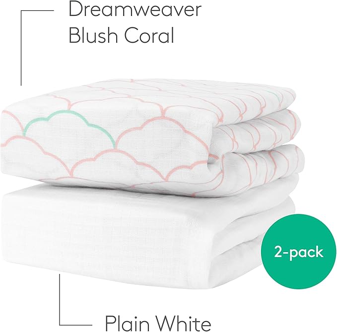 Newton Baby Fitted Mini Crib Sheets (2-Pack) | Organic Muslin Cotton, Breathable & Soft Baby Sheets, Washable Baby Mattress Sheets, Fits Mini Crib Mattresses 24" x 38", Dreamweaver Coral & Plain White