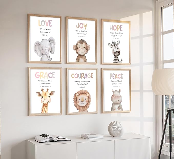 Safari Animal Bible Verse Nursery Wall Art Christian Picture Kids Room Wall Decor Uplifting Scripture Poster Hope Love Joy Jungle Animals Painting Canvas Print Artwork for Baby Room Playroom, Unframed