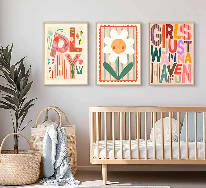 Boho Floral Sun Nursery Wall Art Girls Just Wanna Have Fun Positivity Affirmation Rainbow Print Playroom Classroom Counseling Office wall decor Play Poster for Kids Bedroom, 16x24 Inch, Set of 3