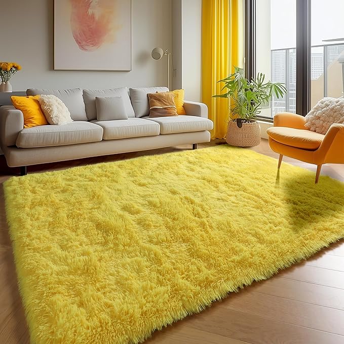 ONASAR Yellow Area Rugs for Bedroom Living Room, Washable Fluffy 4x6 Indoor Bedside Floor Throw Rug, Soft Plush Shaggy Carpet for Nursery Kids Girls Boys Teen Dorm Home Office Decor Aesthetic
