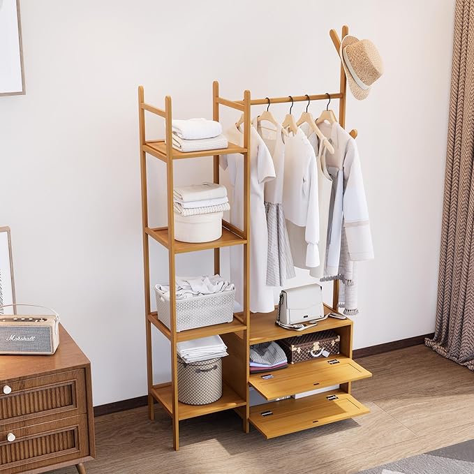 Clothing Rack with Shelves,Bamboo Clothes Rack,Ntural Clothes Rack Hanging,Drawers Hanging Racks,Garment Racks for Entryway Guestroom Bedroom(31.5inch Width Natural)