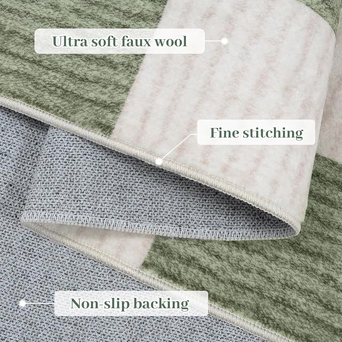 LIVEBOX Machine Washable Area Rug 6x9 Checkered, Non Slip Soft Large Bedroom Living Room Rug Farmhouse Neutral Classic Geometric Pattern Boys Rug, Indoor Carpet for Den Dorm Playroom(Sage Green,6'x9')