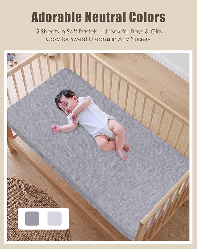 SWEET DOLPHIN 2-Pack Muslin Crib Sheets for Boys & Girls, Ultra Soft Breathable 40S Long-Staple Cotton Fitted Baby Sheets for Standard Crib Mattress 52"x28", Slate and Grey- Nursery Essentials