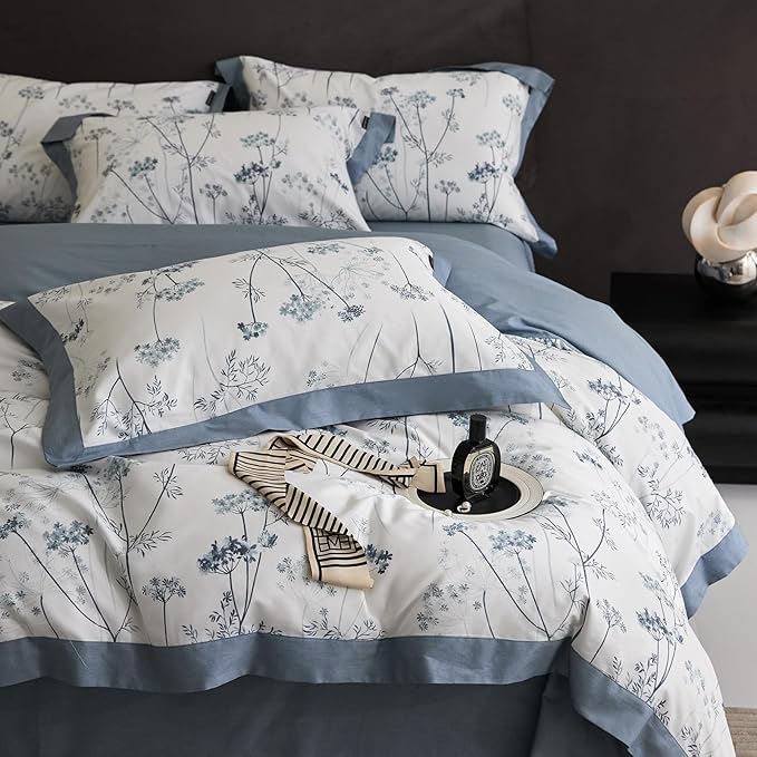 HighBuy Cute Blue Floral Duvet Cover Twin Boho Floral Cotton Soft Girl Twin Comforter Cover Cottagecore Flowers Plant Pattern Luxury Bedding Set,1 Duvet Cover 68x86,2 Pillowcases for Women Teen