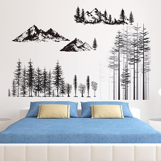 Outus 3 Sheets Mountain Forest Bear Wall Decals Stickers Pine Tree Wall Decals Woodland Trees Wall Stickers Forest Decals for Kids Nursery Bedroom Living Room Decor,11.8 x 35.4 Inches