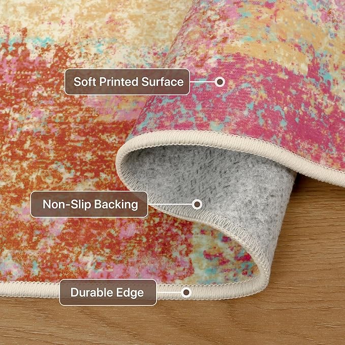 Area Rugs 8x10 Washable Pink Rug for Living Room Nursery, Modern Abstract Large Rug Non Slip, Water Repellent Low Pile Soft Carpet for Bedroom, Dining Room, Home Office, Colorful Pink