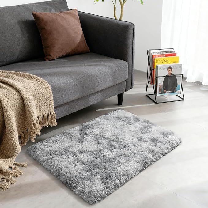Merelax 2x3 Small Rug for Bedroom Livingroom Mini Space Home Decor, Modern Indoor Shaggy Plush Fluffy Furry Fur Rugs Comfy Nursery Kids Room Floor Carpet, Tie-Dyed Light Grey