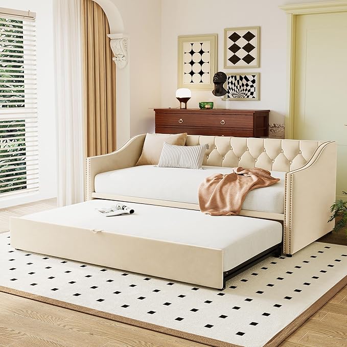 Merax Twin Size Upholstered Velvet Daybed with Pop Up Trundle, Multi-Functional Sofa Bed with Backrest and Two Armrest for Kids Room, Guest Room, Living Room,Beige