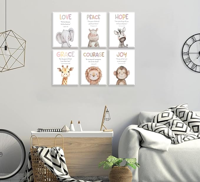 Safari Animal Bible Verse Nursery Wall Art Christian Picture Kids Room Wall Decor Uplifting Scripture Poster Hope Love Joy Jungle Animals Painting Canvas Print Artwork for Baby Room Playroom, Framed