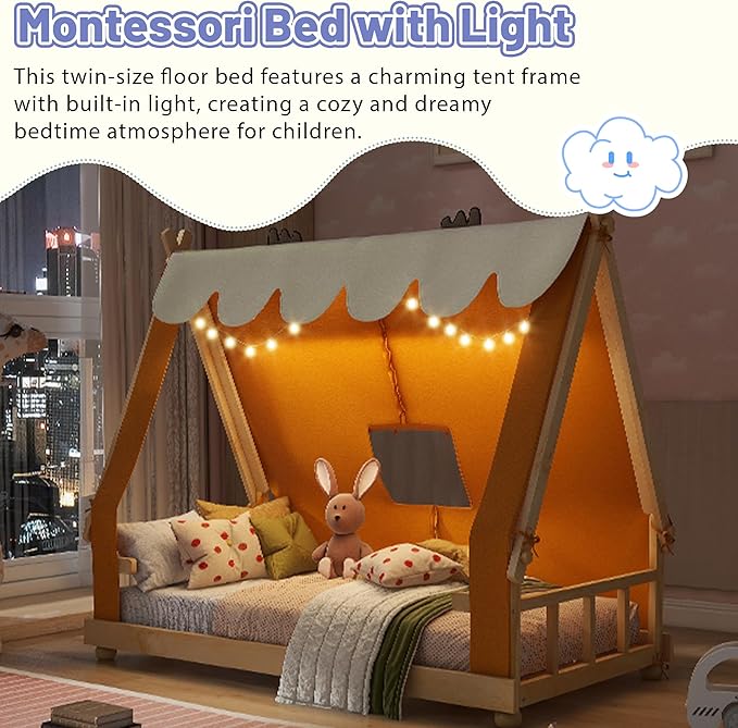 Twin Size Floor Bed with Tent and Light, Wooden Montessori Bed Frame with Roof Design, Low Profile Beds for Kids, Boys and Girls, Brown
