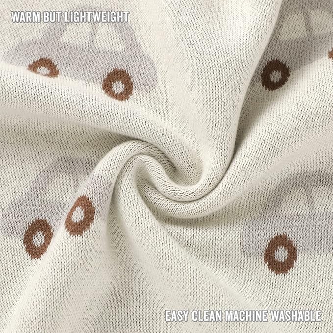 Knit Baby Blanket for Girls and Boys 100% Cotton Buttery Soft Cozy Receiving Swaddle Stroller Blanket for Shower Gift Registry for Newborns, Infants, Toddlers (Cars - Cream)