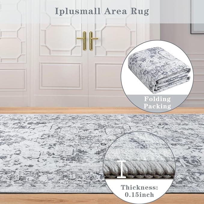 Area Rug 5x7, Washable Rug for Living Room, Large Area Rugs for Bedroom, Vintage Rug 5x7 for Dining Room, Non Slip Soft Low Pile Indoor Carpet for Kitchen, Nursery, Office, Farmhouse, Grey