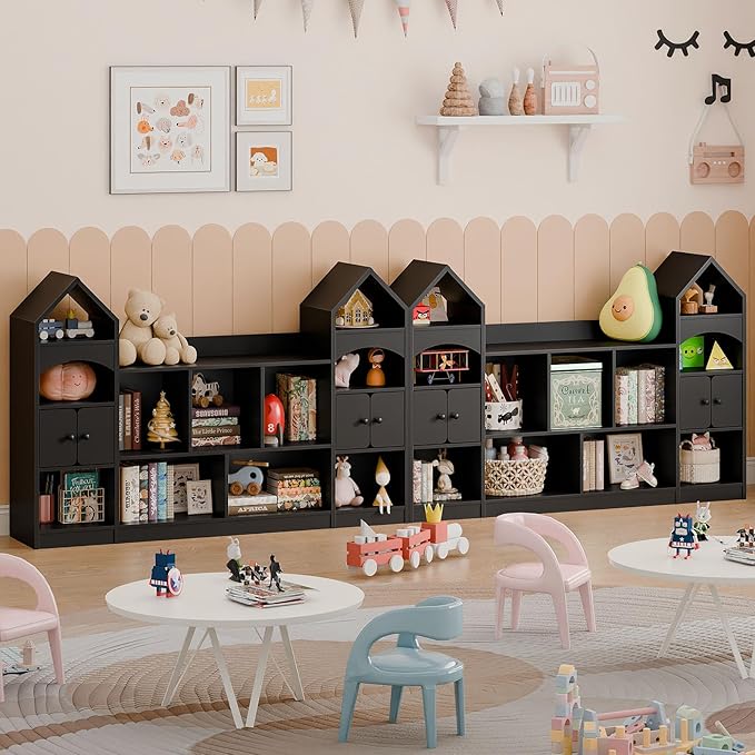 Vabches Castle Shape Children's Bookshelf, Kids Bookcase Display Case Kids Toy Storage Organizer Multifunctional Storage Cabinet Bookshelf Suitable for Playroom, Children's Room, Living Room, Black
