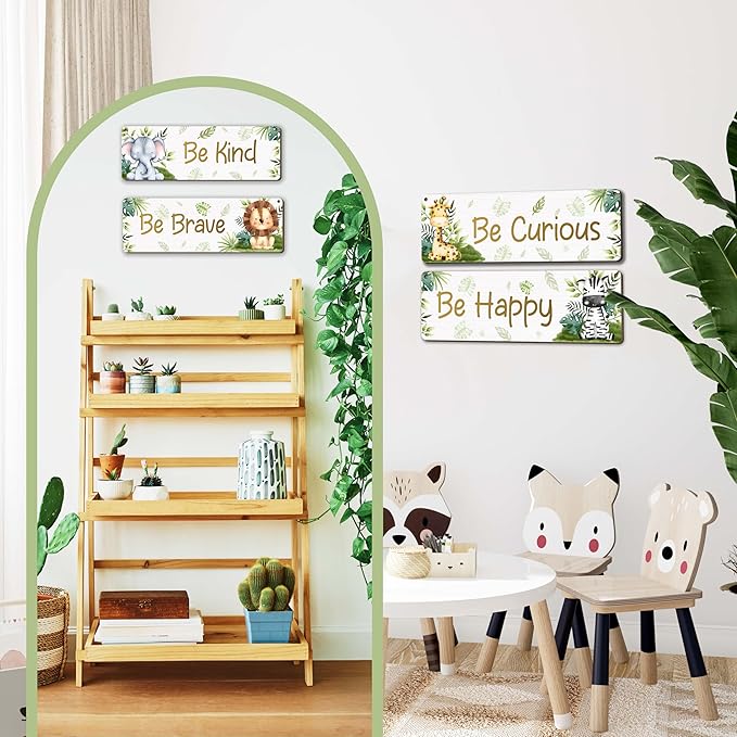 Woodland Nursery Decor, Jungle Safari Animals Boysroom Wall Sign Art, Motivational Bedroom Decorations for Kids Boys, 4 Pieces Wood Sign, 3.9x11.8 In-A04