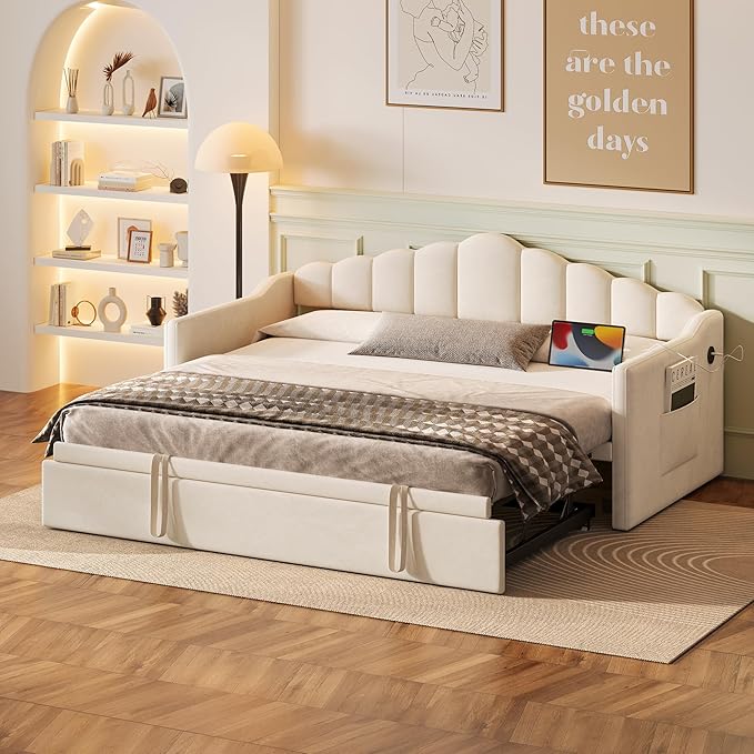 SOFTSEA Twin Daybed with Pop Up Trundle, Extendable Corner Day Bed with USB Ports, Velvet Tufted Sofa Bed Frame with Curved Backrest for Bedroom, Living Room, Beige