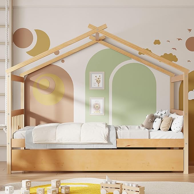 Harper & Bright Designs Twin House Bed for Kids, Wood Platform Bed with Trundle, Montessori Bed with Roof, Playhouse Trundle Beds for Kids,Teens, Bedroom, Natural