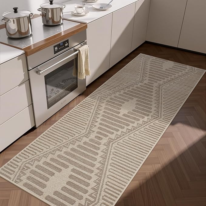 Boho Beige 2x6 ft Runner Textured Tufted Rugs for Hallway Kitchen Bedroom Entryway Long Non Slip-Carpet Washable Cream Neutral Modern Geometric Moroccan Aztec Rug