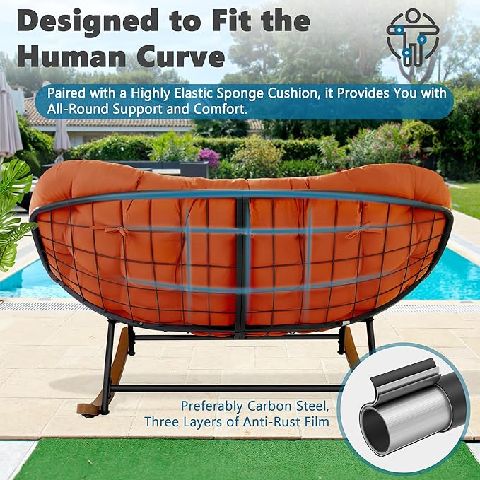 Double Papasan Rocking Chair Outdoor & Indoor, Oversized Rocking Reclining Loveseat with Thick Cushion and Frame, 660LBS Capacity Rocking Egg Chair for Patio Porch Living Room, Red
