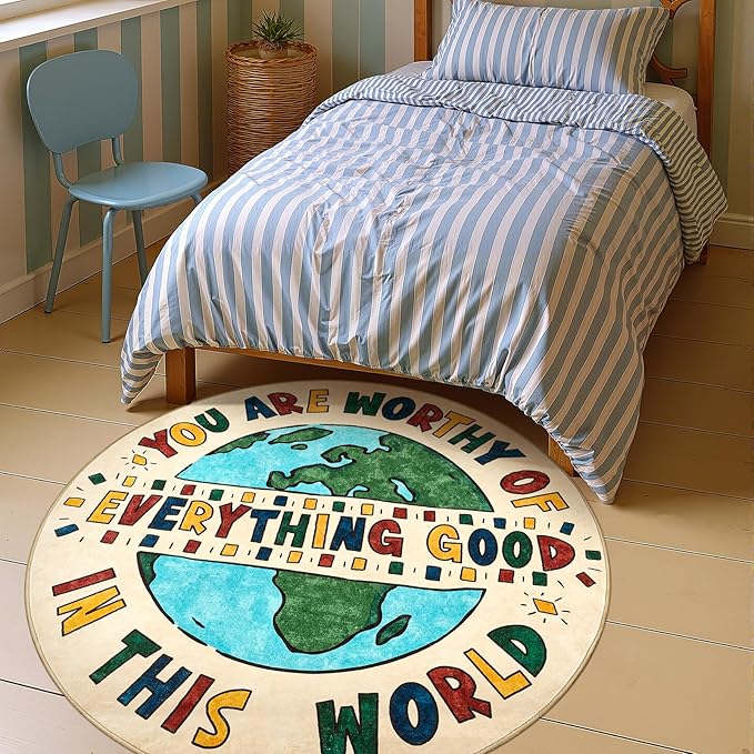 JINCHAN 4ft Round Rug Washable Fun Rug You Are Worthy Playroom Mat Non Slip Cheerful Circle Cool Floor Cover Soft Cozy Low-pile Emotional Support Throw Carpet for Entryway Kids Gift Teens Dorm Bedroom