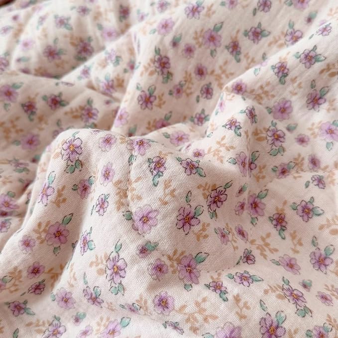 BuLuTu 2 Layers Muslin Cotton Blanket Quilt for Twin Bed, Elegant Chic Purple Flower Pattern Girls Boys Blankets Soft Breathable Summer Comforter for Kids Children, 60x78 Inches