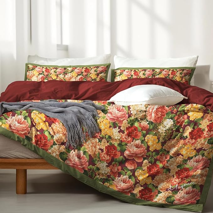 MAGRACE Cotton Duvet Cover King - Super Soft Breathable Duvet Cover Set -Duvet Cover with Pillow Shams, Vintage Floral Pattern & Maroon Red Reversible