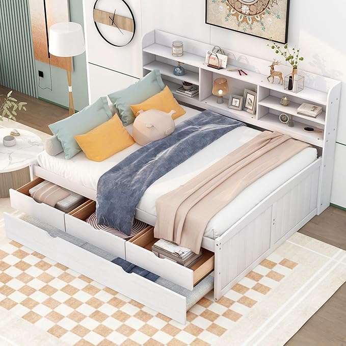 Harper & Bright Designs Full Size Captain Bed with Built-in Bookshelves/3 Storage Drawers/Trundle, Wooden Full Daybed Bed Frame for Kids Teens Dorm Bedroom Multipurpose Guest Room, White Wash