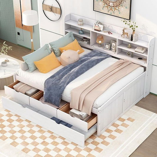 Harper & Bright Designs Full Size Captain Bed with Built-in Bookshelves/3 Storage Drawers/Trundle, Wooden Full Daybed Bed Frame for Kids Teens Dorm Bedroom Multipurpose Guest Room, White Wash