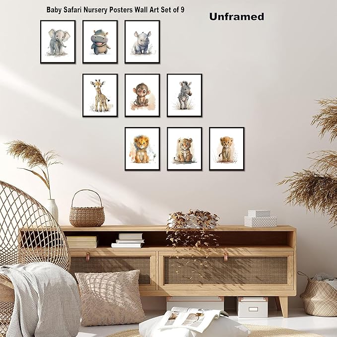SEHSUVC Safari Nursery Posters Wall Art Set of 9, Cute Animal Canvas Wall Decor Painting, Woodland Jungle Nursery Picture Prints for Baby Boys and Girls Room Nursery Home Decor 8x10In Unframed