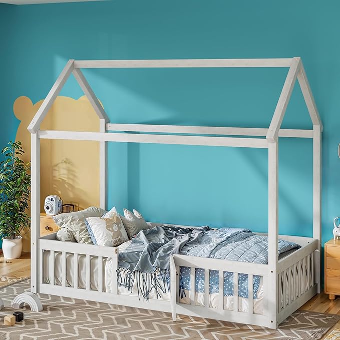 Merax Wooden House Bed, Floor Bed with Fence and Door,Full Guardrail, Twin Size, White