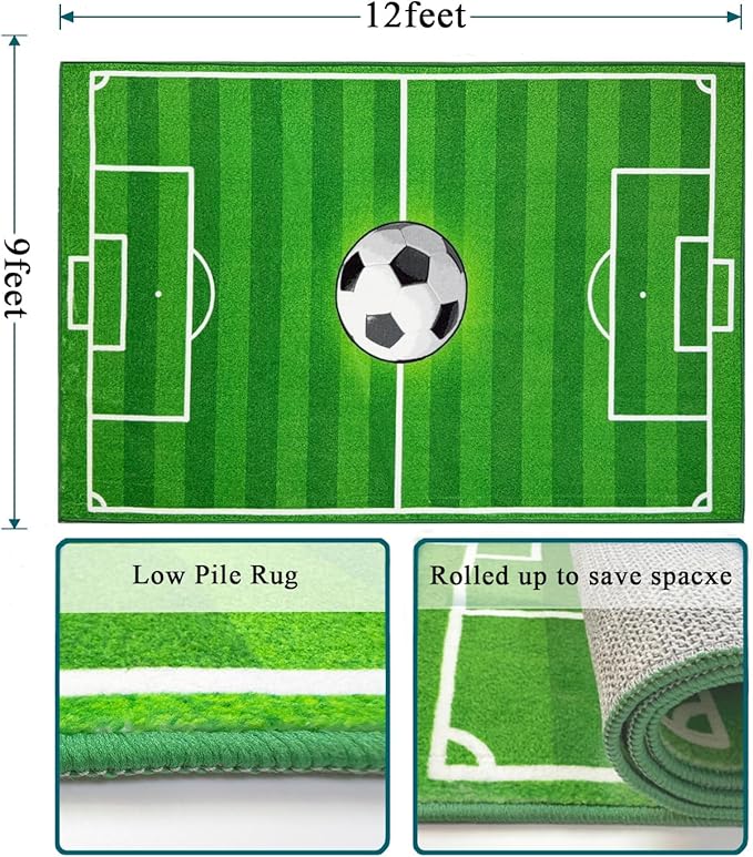 Washable Low Pile Soccer Rug 9x12- Soccer Field Mat for Boys Bedroom, Non-Slip Sports Room Decor, Durable Kids Playroom Rug, Nursery Floor Mat