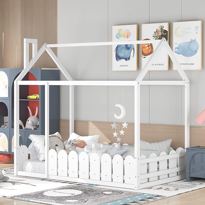 Merax Kids Wood House Bed with Fence, Fun Montessori Bed for Boys,Girls, Easy Assemble(Twin, White)