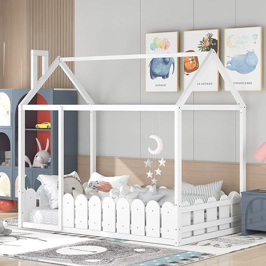 Merax Kids Wood House Bed with Fence, Fun Montessori Bed for Boys,Girls, Easy Assemble(Twin, White)