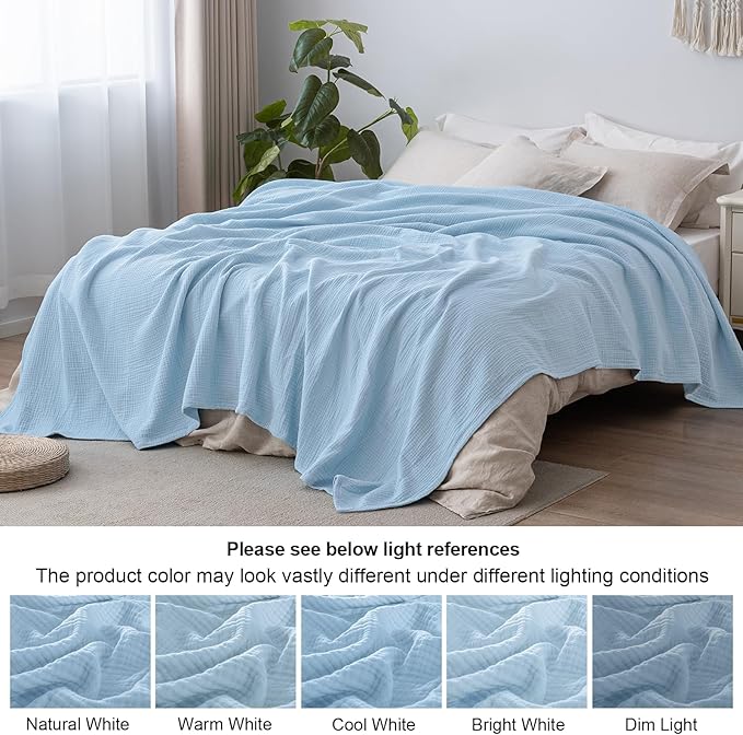 PHF 100% Cotton Muslin Blanket King Size 108"x90", 4-Layer Lightweight Gauze Throw, Breathable Cloud-Soft Minimalist Blanket for Bed, Couch, Camping & Baby, Sky Blue, Ideal Gift