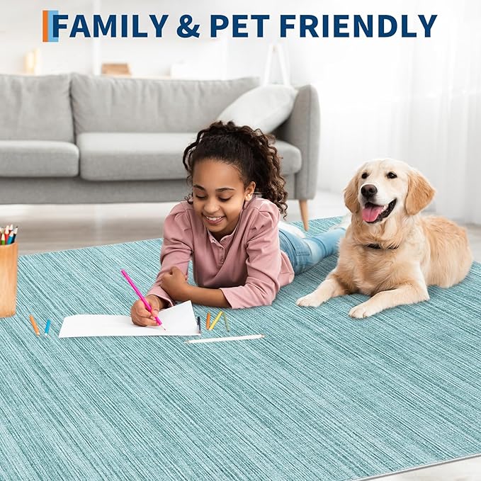 5x7 Washable Rugs Non Slip Minimalist Area Rug for Bedroom Soft Low Pile Solid Color Large Bedroom Throw Carpet Stain Resistant Classic Neutral Area Rug Plain Boho Rugs for Kitchen Nursery, Blue