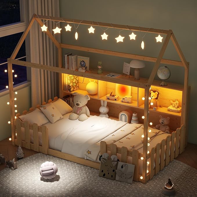 Twin Size Montessori Bed for Kids, Montessori Floor Bed with LED Light and Storage Bookshelf, Kids Beds with Guardrails for Boys & Girls, Natural