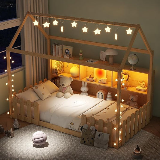 Twin Size Montessori Bed for Kids, Montessori Floor Bed with LED Light and Storage Bookshelf, Kids Beds with Guardrails for Boys & Girls, Natural